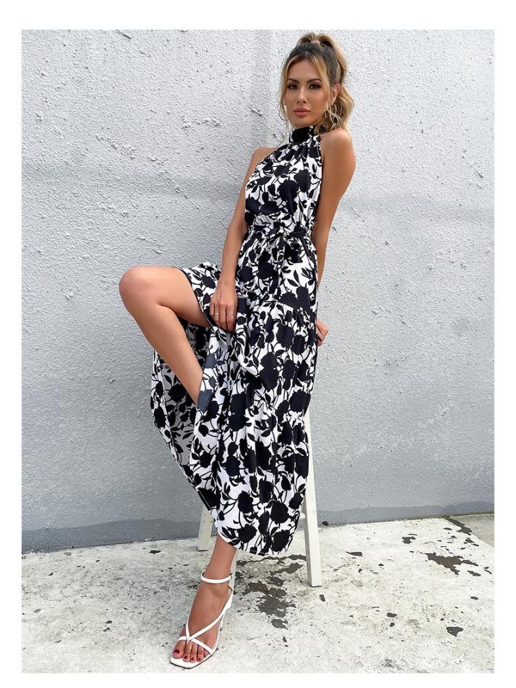 Halter Neck Sleeveless French Style Slit Print Dress Summer Hot Seller