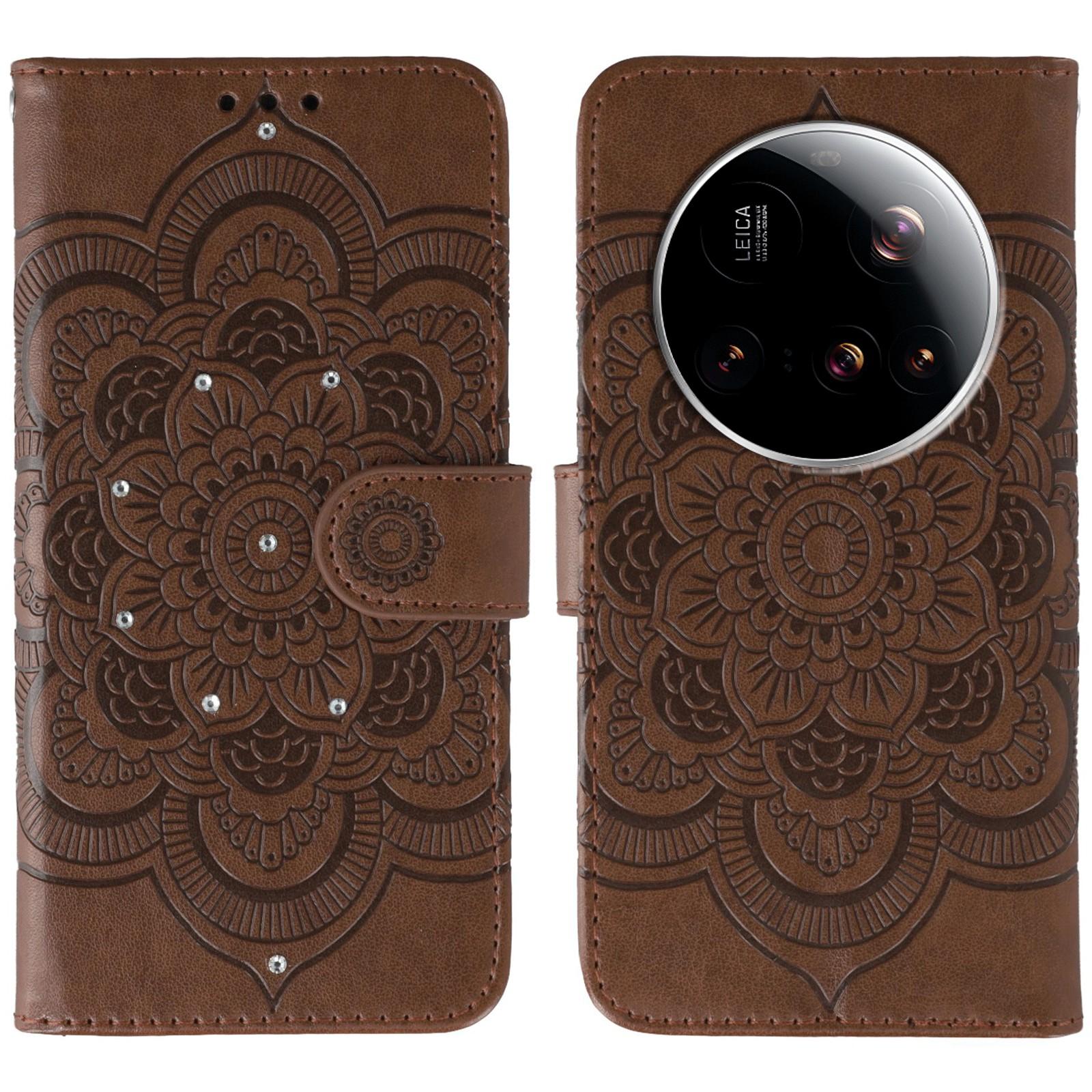 

For Xiaomi 15 Ultra Case Rhinestone Decor PU Leather Mandala Imprinted Design Phone Cover with Wrist Strap Brown