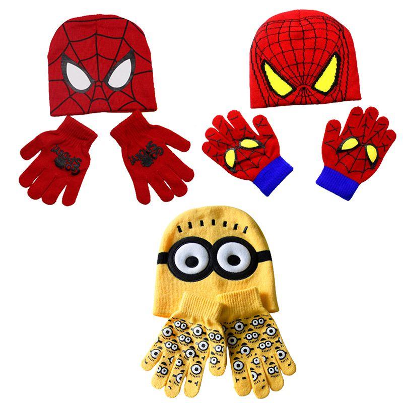 Minions Spiderman Children Cartoon Knitted Hat Gloves Winter Warm Suit Years 16