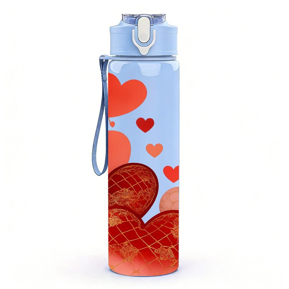 1PC Red Heart Rose Romantic Art Print 750ml Color Plastic Sports Water Bottle Leakproof Flip Straw Lid Suitable for Sports Office Home Use