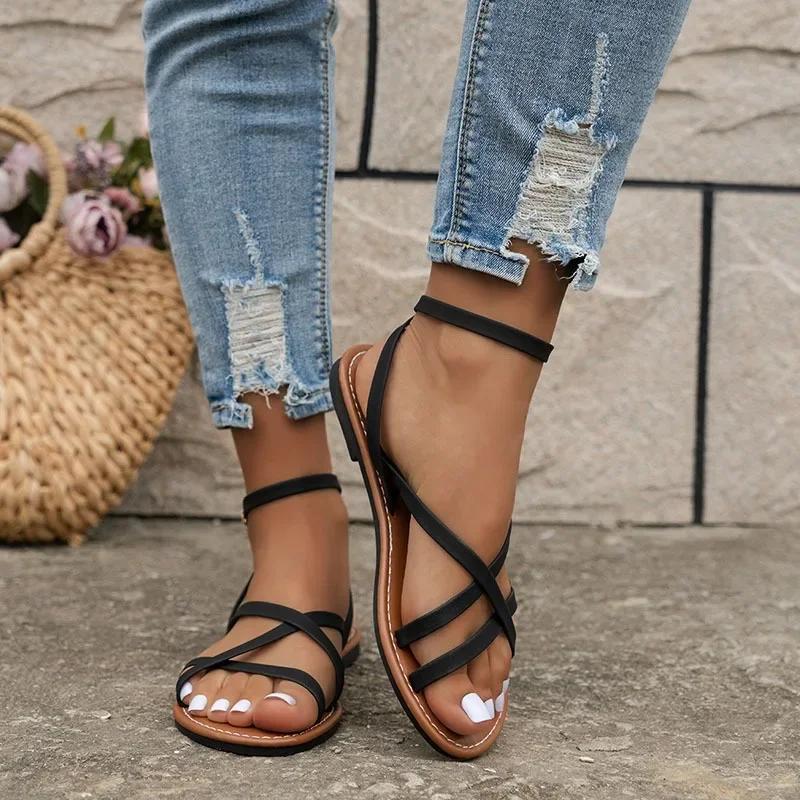 Damen Freizeitsandalen 2024 Neu Sommer Vielseitige Römerschuhe Komfort Flachsohlige Sandalen Strandschuhe Damenschuhe