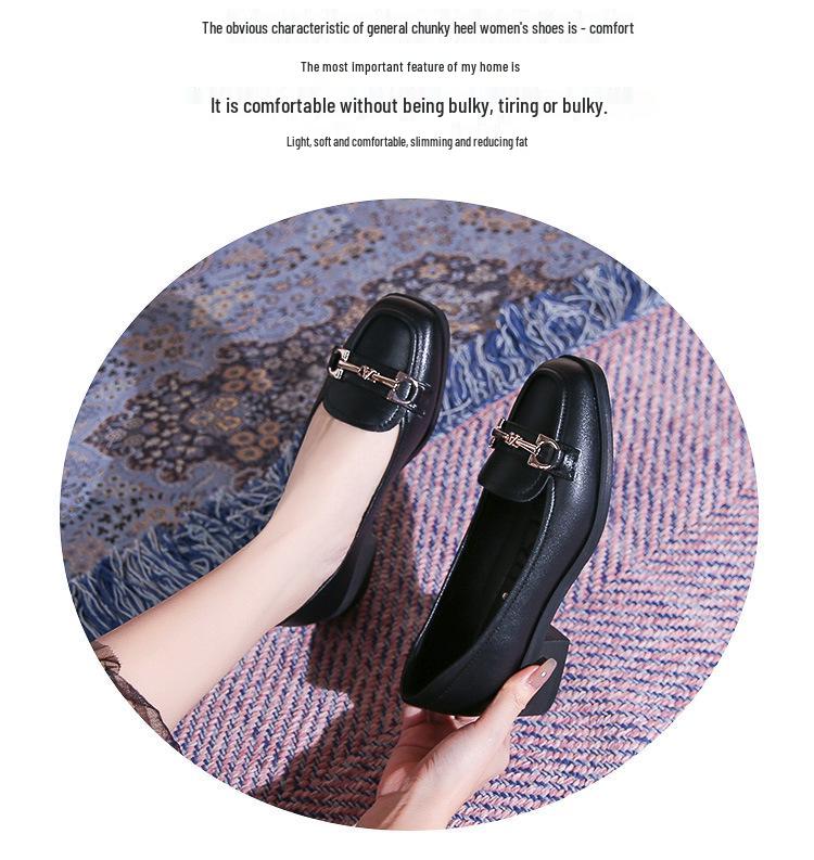 Women's 2026 New Style Black Leather Loafers - Soft Sole, Comfortable, Low-Cut Chunky Heel, Square Toe, Spring/Autumn.