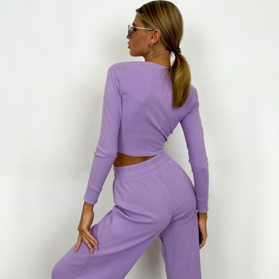 Women 2 Piece Lounge Set Long Sleeve Cropped Pullover Top Wide Leg Pants Set Fall Crewneck Tracksuit Casual Outfits