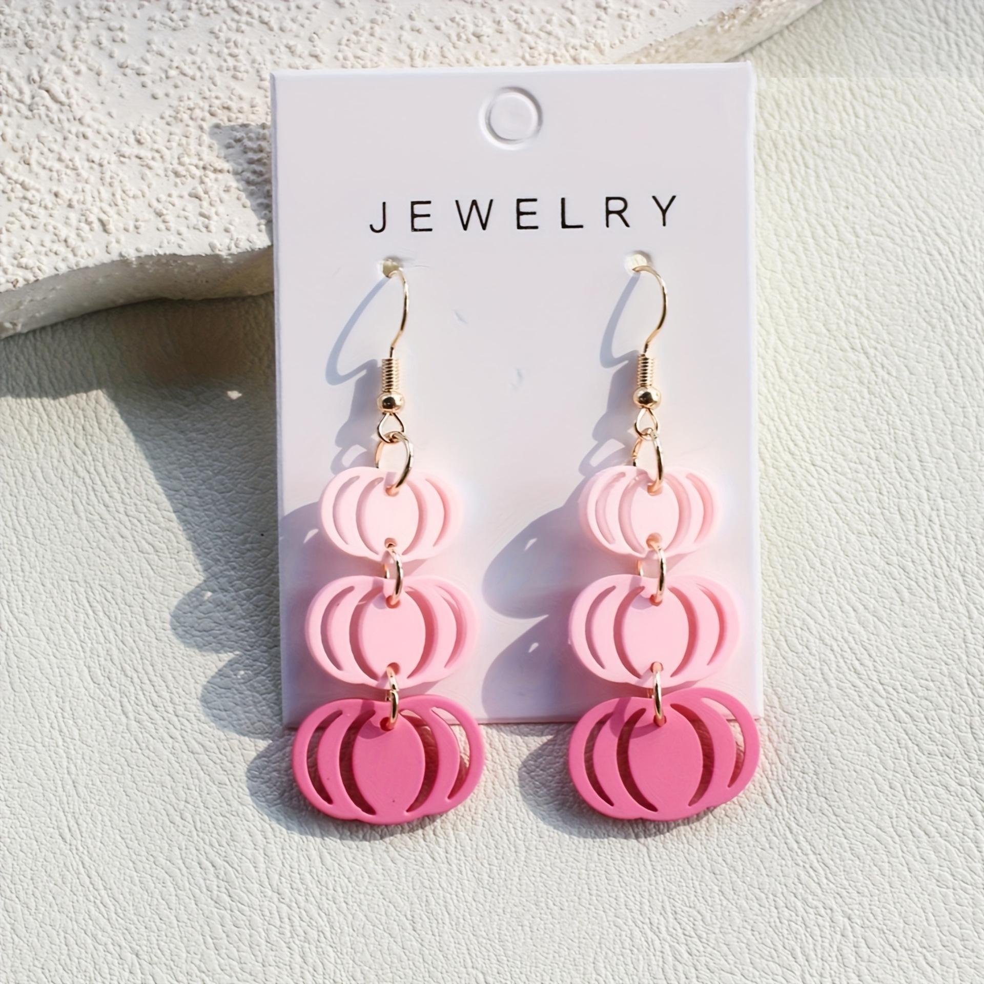 

Pink Three-Layer Acrylic Pumpkin Halloween Dangle Earrings гарбуз