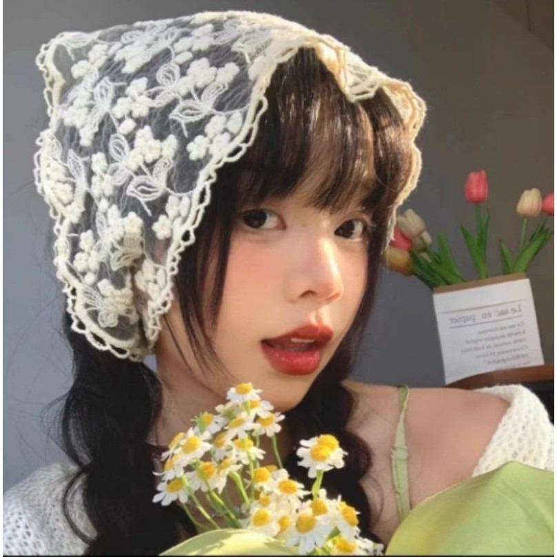 Beige Floral French Lace Triangle Scarf: Versatile Headscarf, Hairband, or Bag Accessory