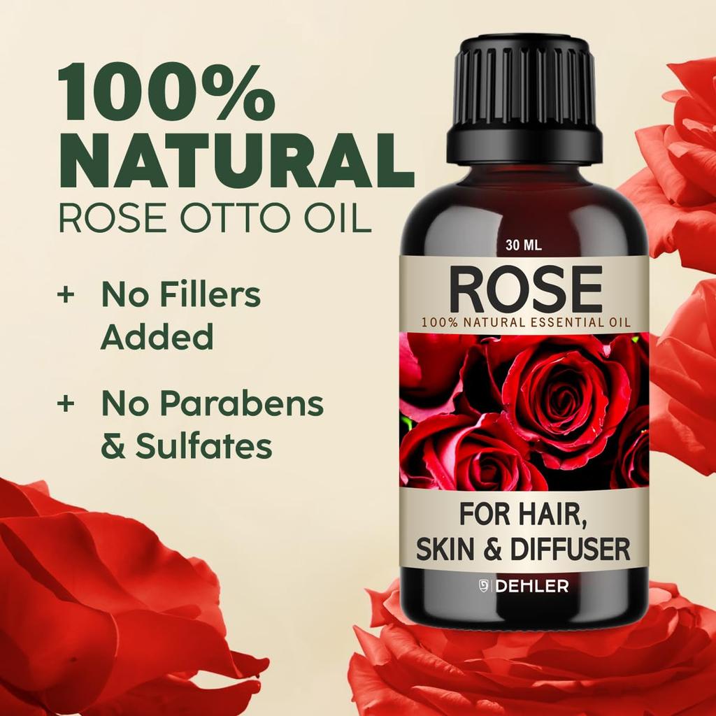 DEHLER 100% Pure Natural Rose Essential Oils for Hair, Skin Use & Aromatherapy - 100% Pure Natural Rose Essential oil for Diffuser, Skin, Fa