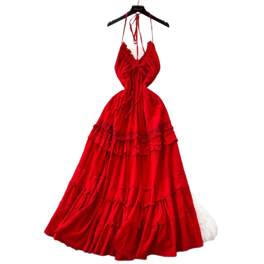 Pure desire style sexy burgundy long-sleeved dress women's French slim A-shaped dress high waist elegant temperament long dress