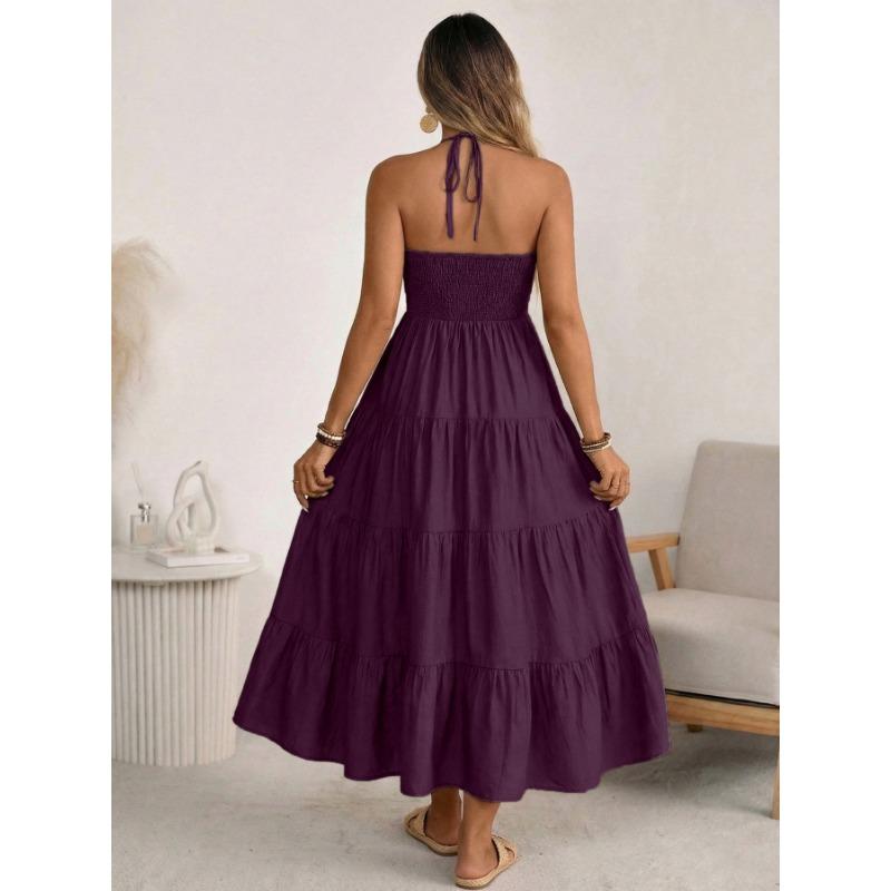 2026 Summer Hanging NeckPleated Elasticity Dress Loose Vacation Style A-line Dress Fashion Backless Slim Fit Sweet Dress Solid Color Clothing