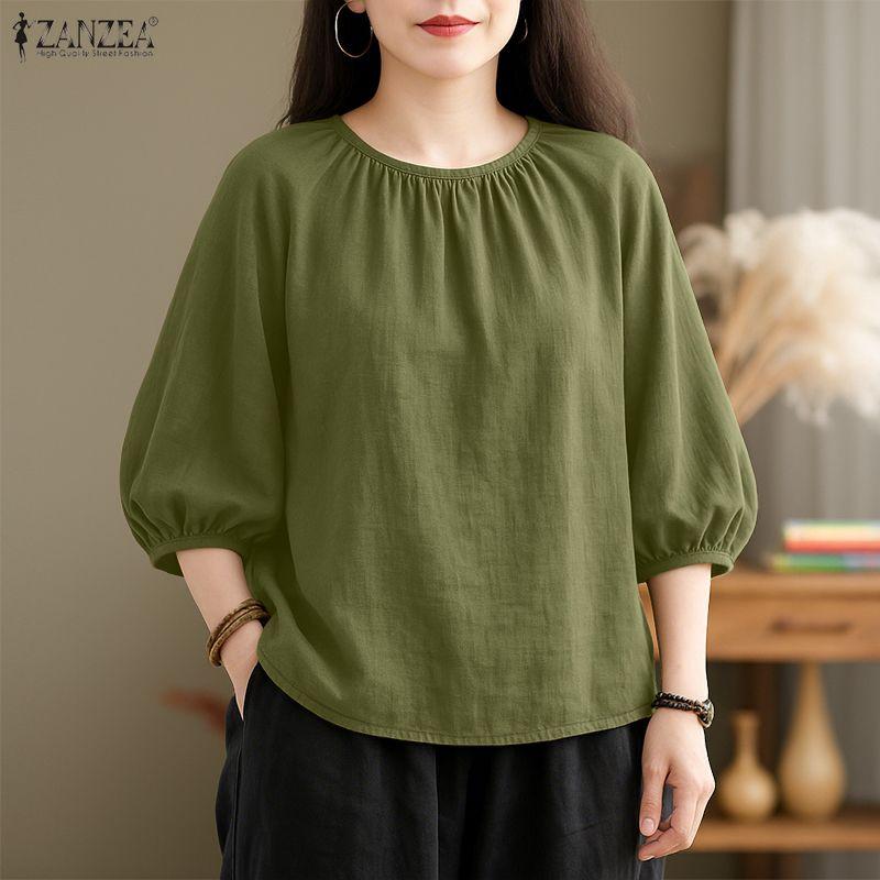 ZANZEA Women Casual 3/4 Sleeve Solid Color Loose Round Neck Blouse