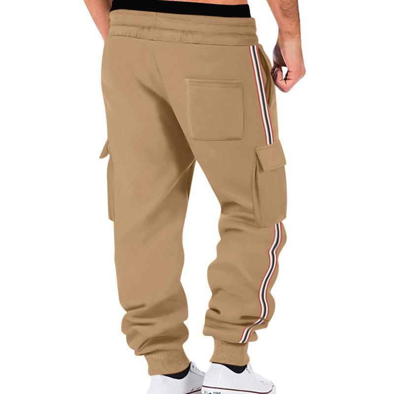 Men Cargo Jogger Sweatpants, Elastic Drawstring Waist Side Flap Cargo Pockets Stripe Seam Ribbed Ankle Cuffs Soft Fleece Casual Athletic Trousers