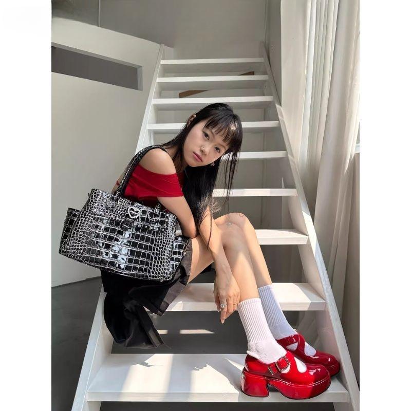 JIAERDI Hot Girl Rivet Crocodile Embossed Tote Bag Women Sweet Leather Large Capacity Shoulder Bag Ladies Heart Pink Y2k Handbag