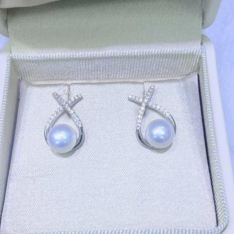 

5-9mm Round Lustrous Double Pearl Sterling Silver Drop Earrings - Fishtail & Floral Style Studs Sterling Silver
