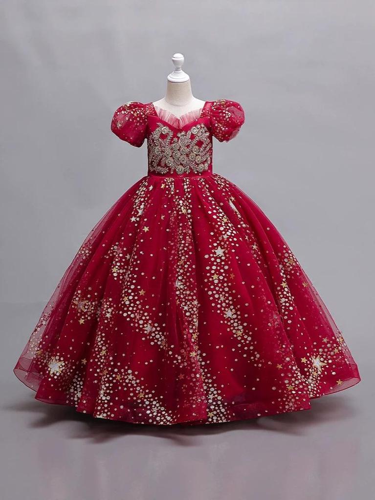 Girls' Princess Puff Sleeve Starlight Mesh Gown for Piano Performance & Banquet