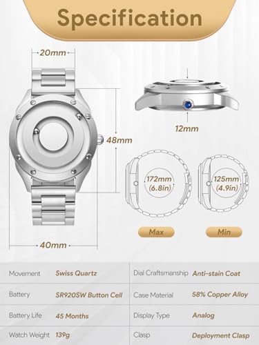 EUTOUR Couple's Magnetic Watch with Ball Bearing Design, Men's Quartz Watch, Minimalist Casual Design, Waterproof, 40mm, Silver Dial, Silver Stainless