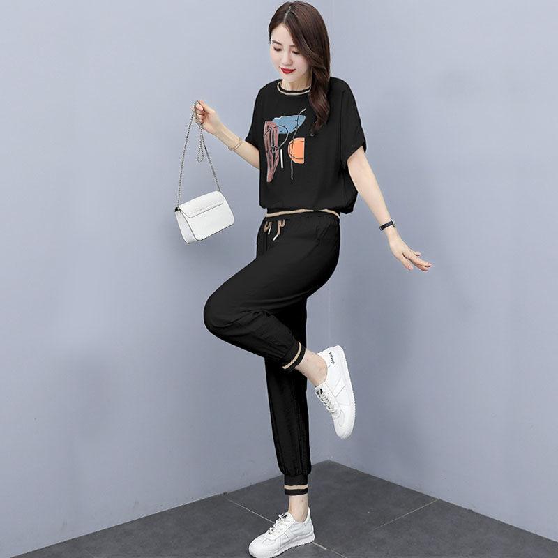 Moda Estiva Donna Tuta Sportiva in Seta Ghiaccio Ampia Giovanile Snellente Set Due Pezzi Abbigliamento Casual alla Moda