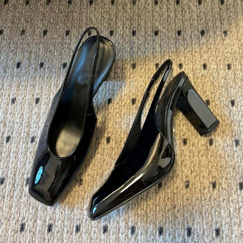 New Fashion Patent Leather Back Trip Strap Block Heel Shallow Mouth Square Toe Wrapped Toe Sandals High Heels for Women