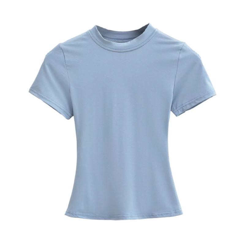 Amoi Women's Solid Color Kardashian Crew Neck Slim-Fit Short Bottom Shirt Basic Short Sleeve Shirt