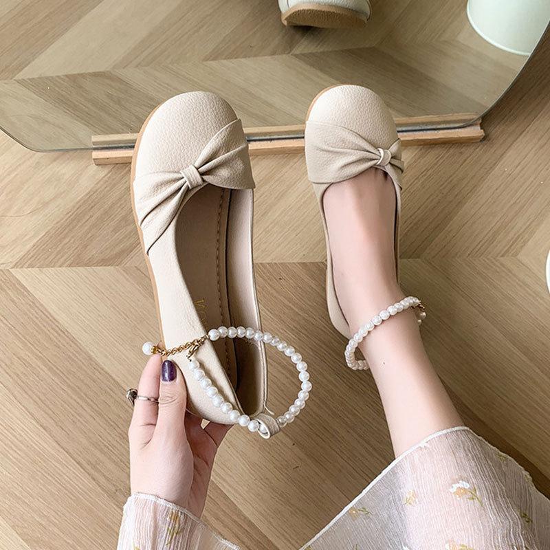 Mary Jane Shoes Spring 2025 New Pearl Bow Flats Shallow Mouth Fairy Style with Skirt Single Shoes Woman