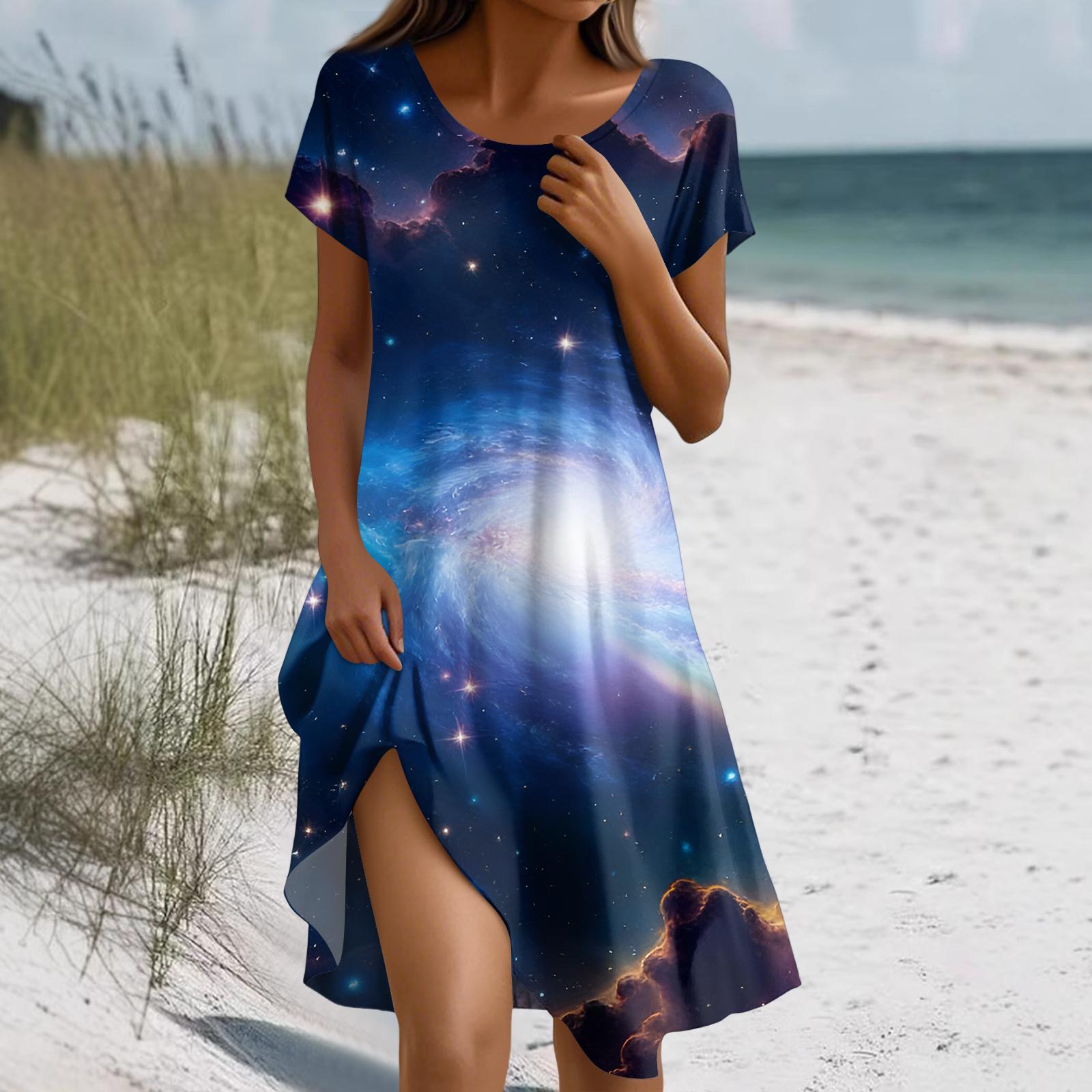 

Women s Fashion Short-Sleeve Bohemian- -Print Dress With Pockets XL