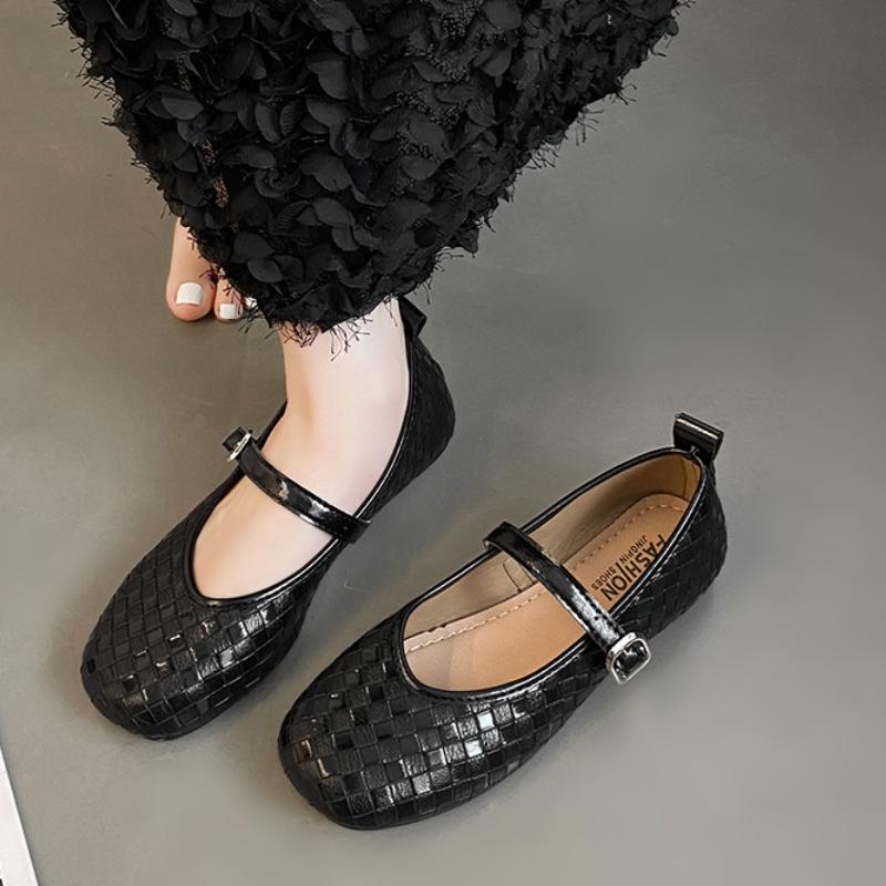 2025 Spring New Women's Ballet Shoes Black Leather Braided Round Toe Flat Simple Retro Daily Office Ladies Shallow Single Shoes