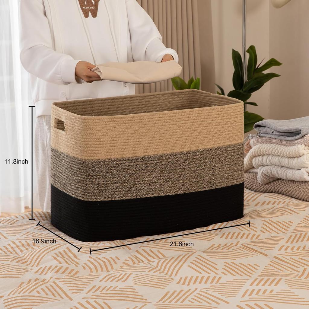 Super Large Blanket Basket Rectangle Woven Baskets for Storage Cotton Rope For Living Room Toy Basket with Handle