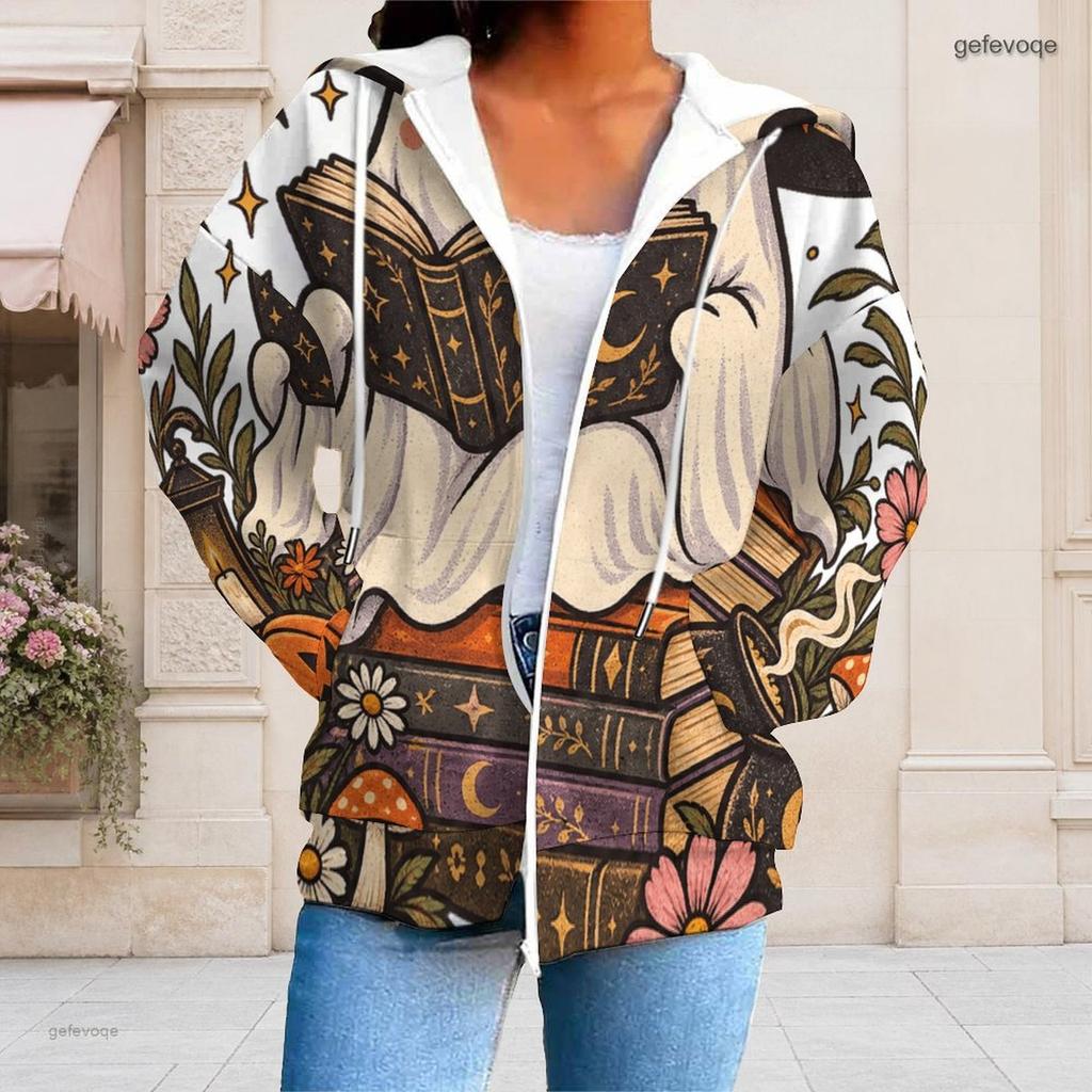 Women Plus Size Zip Up Long Sleeve Hoodie Drawstring Hood Pockets Halloween Cartoon Print Sweatshirt