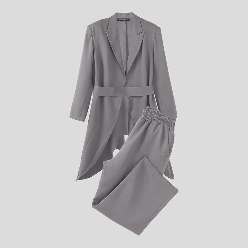 INCERUN Men Outfits Peak Lapel Long Sleeve Irregular Blazer Windbreaker Long Pants Casual Two Piece Suit Sets