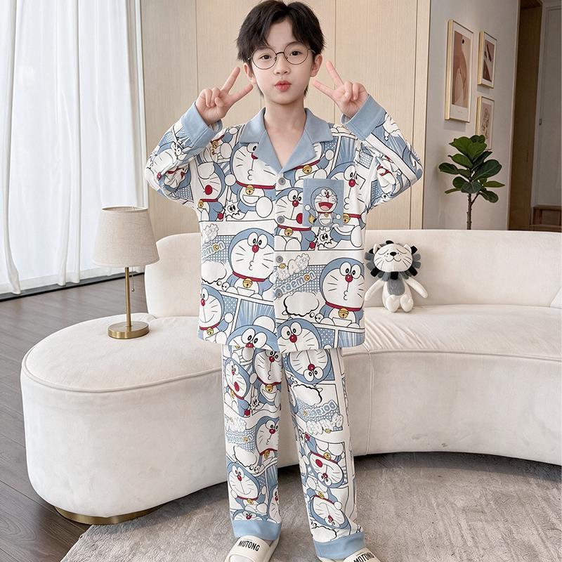 Boys Cotton Pajama Set Long Sleeve Thin Sleepwear Cartoon Print Hoodie Style Home Wear Kids 8