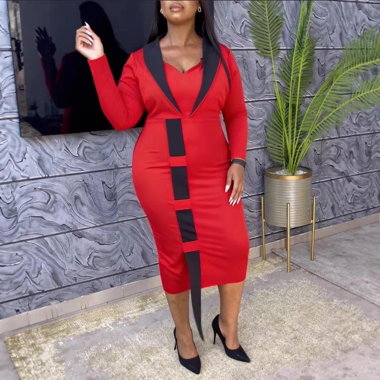 

Elegant Plus Size Color Block Lapel Dress - Long Sleeve, Waist-Cinched, Slimming Formal Attire XXXXL червоний