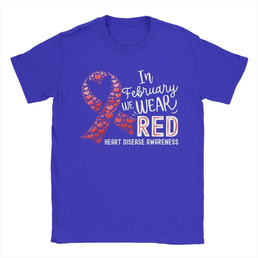 Unisexs In February We Wear Red Heart Disease Awareness Month Ribbon T Shirts  Pure Cotton Clothing Awesome Round Collar Tee Shirt