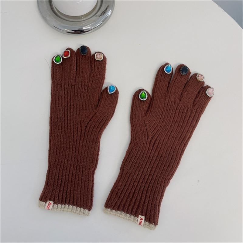 Gants en strass pour femmes, gants tricotés avec décors en strass sur le bout des doigts, gants chauds d'hiver pour doigts complets, mitaines de luxe