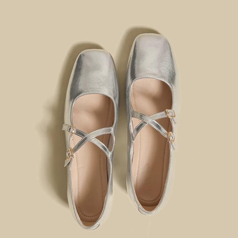 Fashion Soft  Silver Mary Jane Shoes Summer New French Shallow Mouth Retro Square Toe Flat Single-layer Shoes