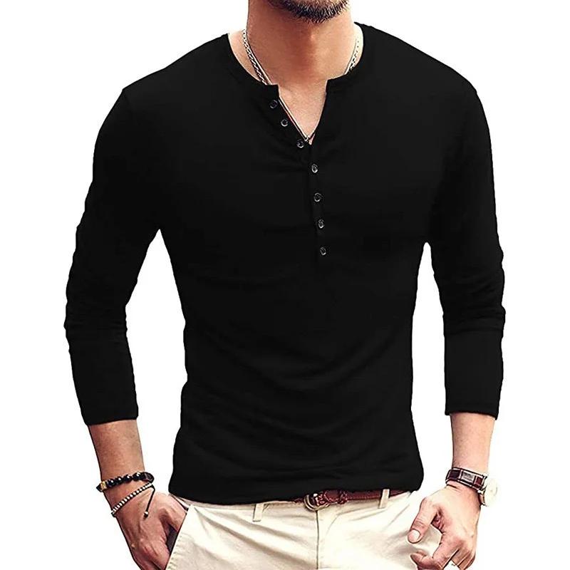Herren Henley-Kragen Langarm-T-Shirt Unifarben Slim Fit Knopfleiste Lässiges Unterhemd Trendige Oberteile