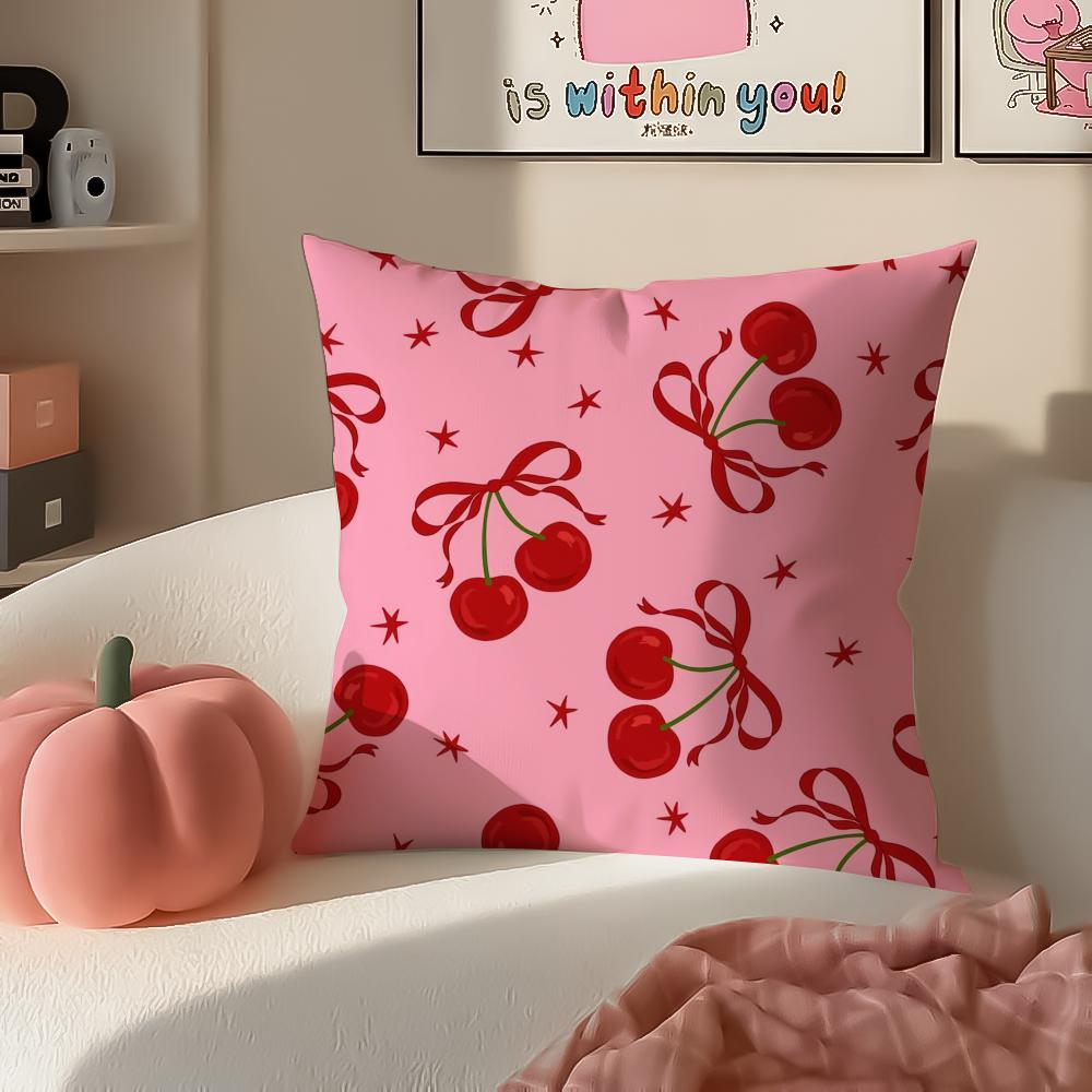 Sweet Girly Floral Art Pink Bow Cherry Pattern Cushion Cover Pillowcase Short Plush Invisible zipper Room Sofa Cushion Cover
