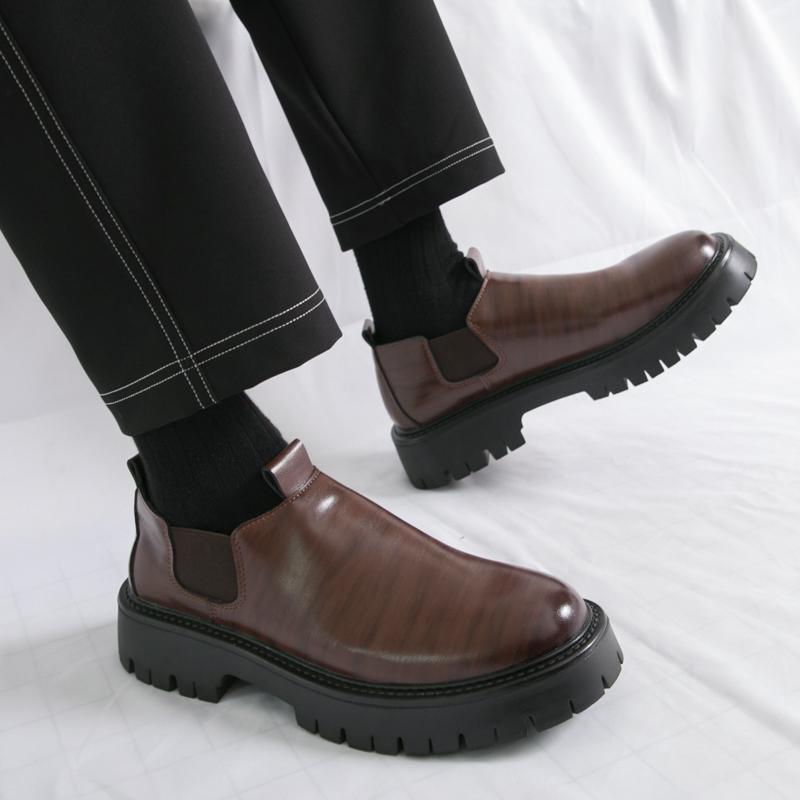 Fashion Loafers Men Casual Retro Le Fu Shoes Black Brown One-foot Thick-soled Anti-slip Height-increasing Brand Leather Shoes Size 38-46