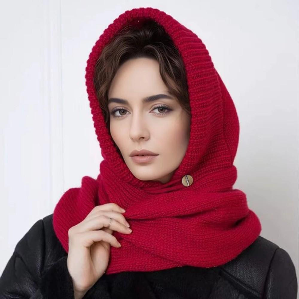 2 In 1 Knitted Hooded Scarf Solid Color Winter Crochet Beanie Hat New Neck Collar Hat  for Women