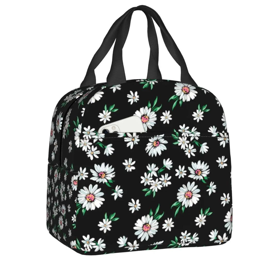 Custom Daisy Floral Lunch Bag Women Cooler Thermal Insulated Daisies Flower Lunch Box for Kids School Work Picnic Food Tote Bags