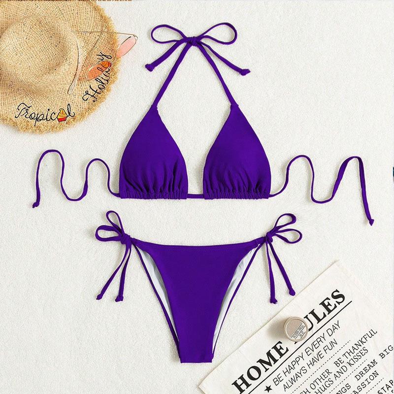 Bikini perizoma con coppe triangolari multicolore 2024: Costume da bagno sexy con allacciatura all'americana, a vita bassa per donna