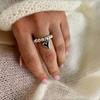 Vintage Originality Handwork String of Beads Elastic Rope Love Heart Pendant Rings for Women CCB Round Bead Rings Jewelry Gifts