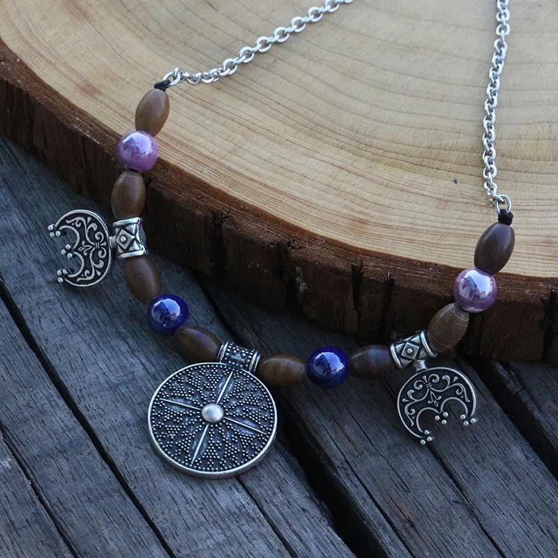 Purple Beads With Natural Stone Pendant, Slavic Inspirations, Viking Age Dress Necklace Brooch Tribal Jewelry For Women 40cm