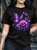 Women's Rose Butterfly Print Fashion Casual T-Shirt Short Sleeve Crew Neck Top Ideal Birthday or Holiday Gift for Outdoor Sports
