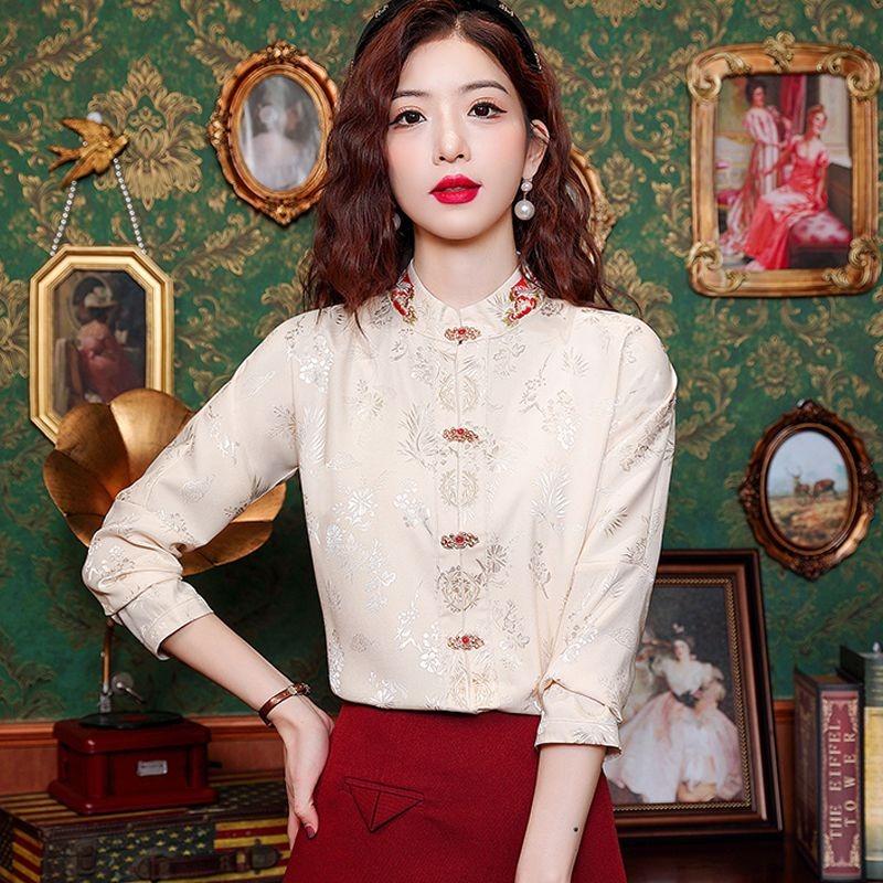 

Новая рубашка в китайском стиле с национальной вышивкой, осенний новый дизайн, темпераментный воротник-стойка, длинный рукав, ретро S абрикосовый