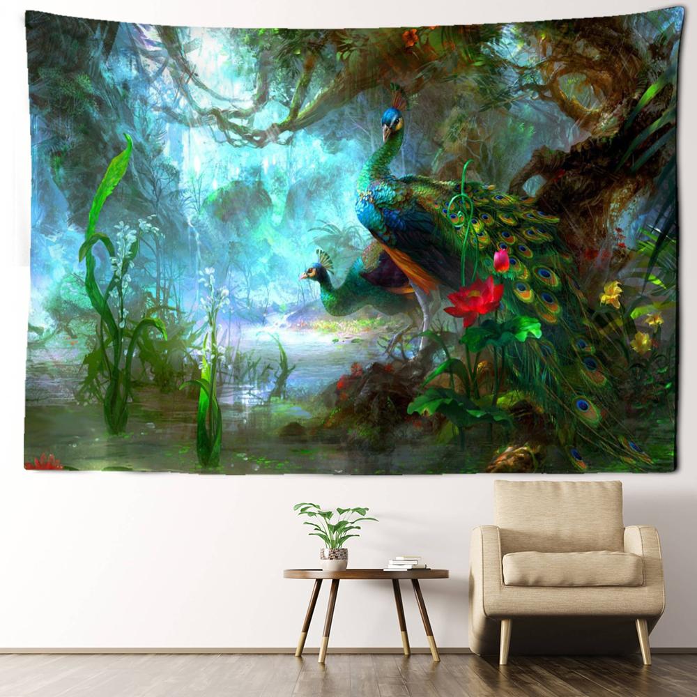 Tropischer Regenwald-Pfau-Wandteppich, Wandbehang, böhmischer Stil, Kunst, Landschaft, Tierästhetik, Zimmer, Wohnkultur