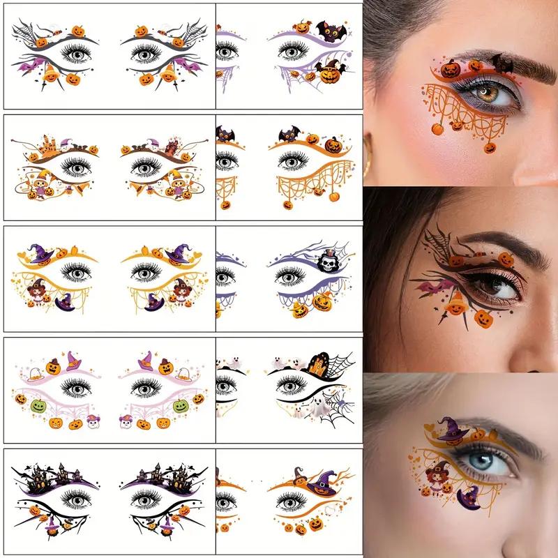 10pcs/set Halloween Eye Tattoo Stickers Colorful Pumpkin Ghost Spider  Pattern Fake Tattoo for Halloween Party Face Makeup