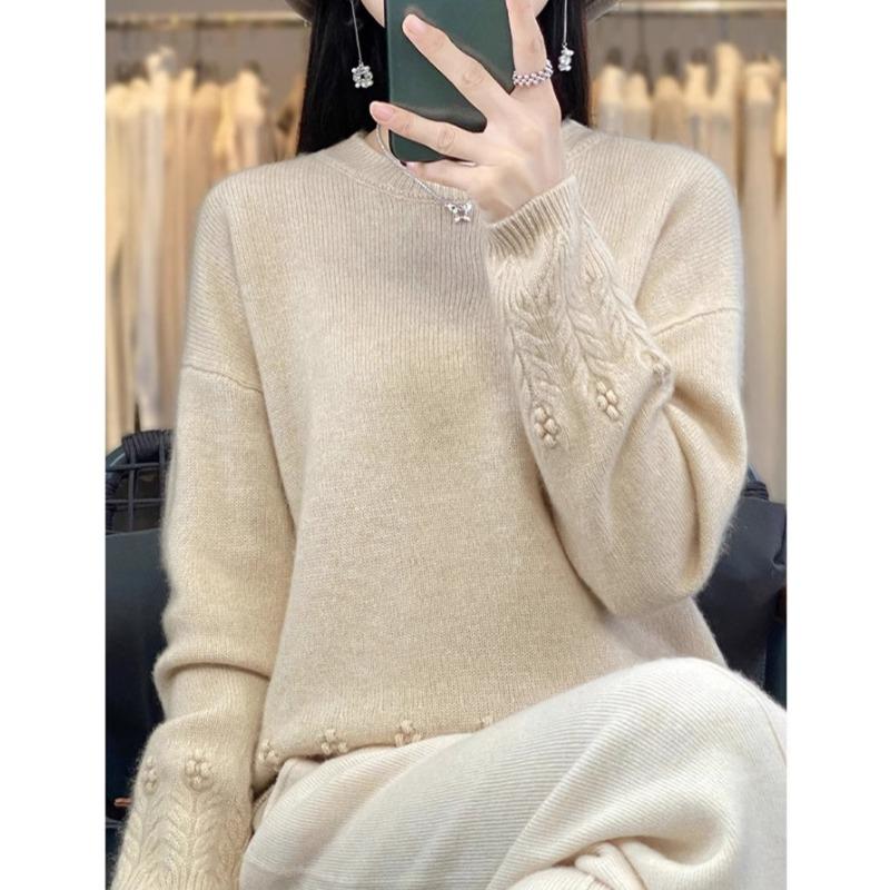 Rundhals Langermet genser Dame Løs Aldersreduksjon Jacquard-bunnskjorte Uformell Allsidig Overdeler Høst og Vinter