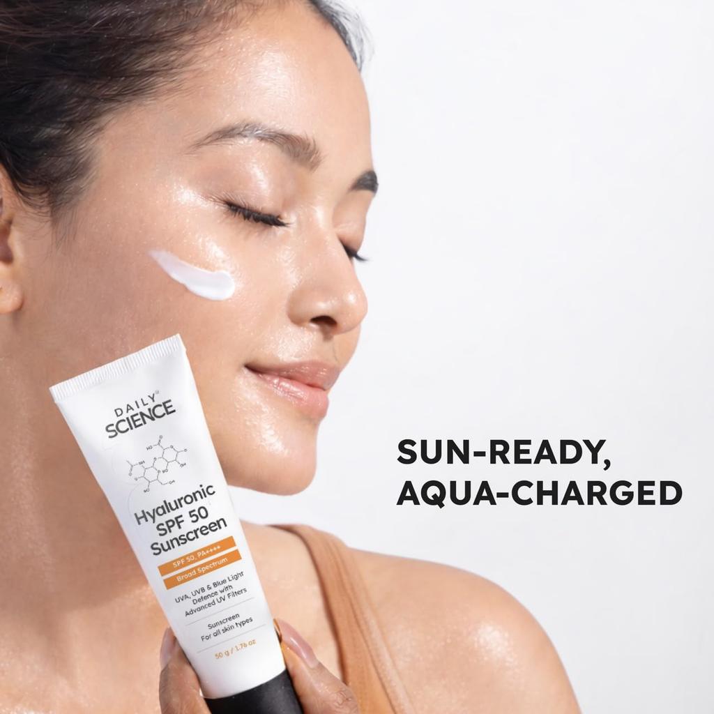 Daily Science Hyaluronic SPF 50 Sunscreen with Advanced UV Filters | Broad Spectrum Sun, UVA, UVB, Blue Light Protection, SPF 50 & PA++++, 50 g (