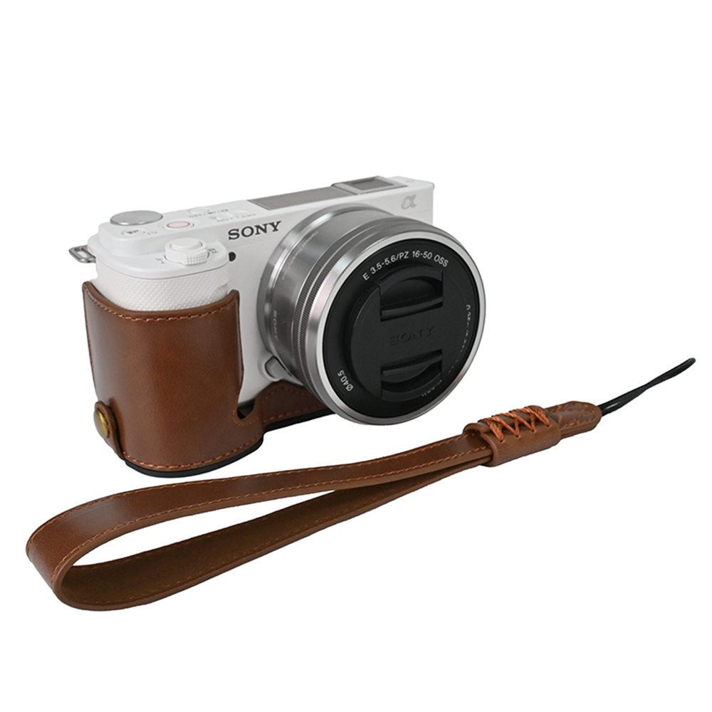 ZVE10 Ölhaut Kamera Halbtasche für Sony ZV-E10 ZVE10 PU-Leder Batterieöffnung Abdeckung mit Handschlaufe