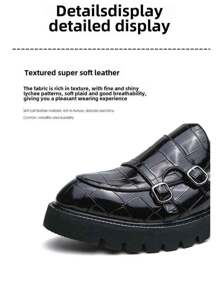 Pánské mokasíny z lakované kůže s dvojitou sponou: Lesklý silný podpatek a podrážka, velká velikost, zvyšující kadeřnické ležérní boty.