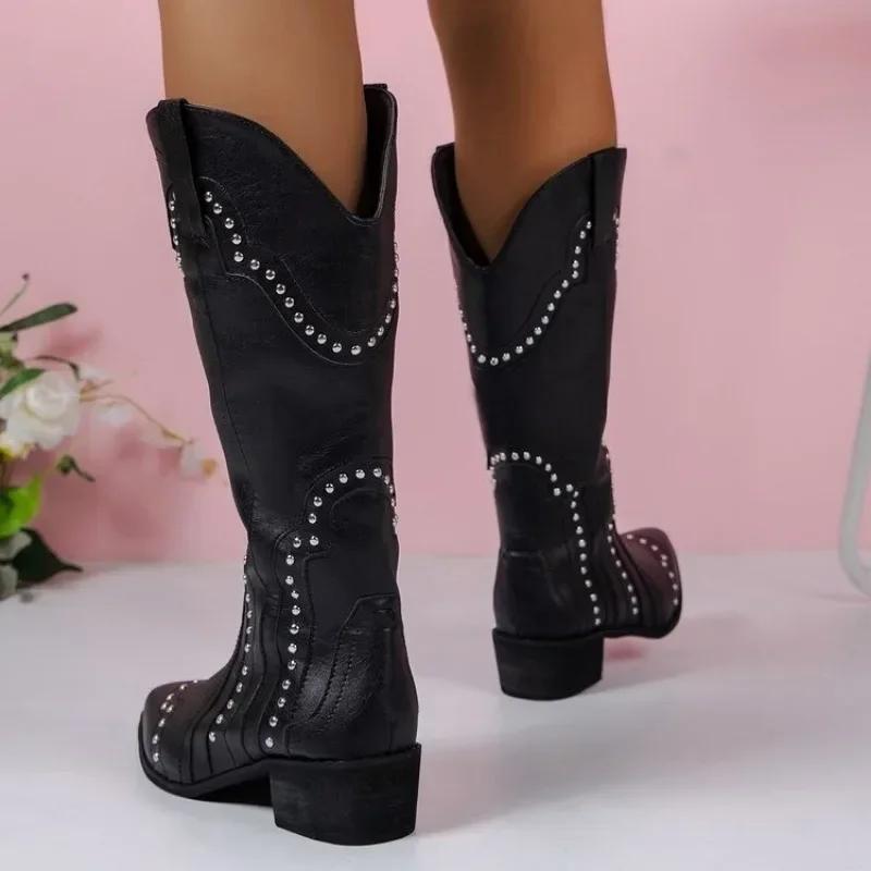 New Shoes Female Mid-Calf Women's Boots Retro Modern Boots Women Rivet Sewing Pointed Toe Slip-on Chunky Heel Shoes Women