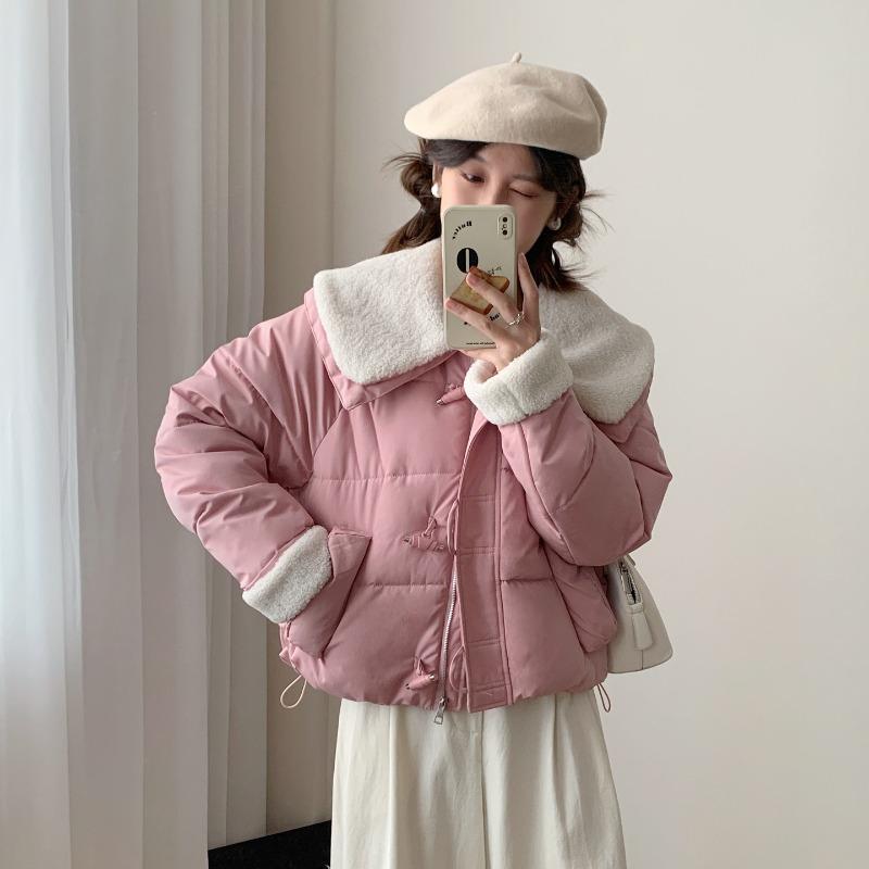 Lamb Wool Lapel College Cotton-padded Coat for Women's Winter New Thickened Warm College Style Coat